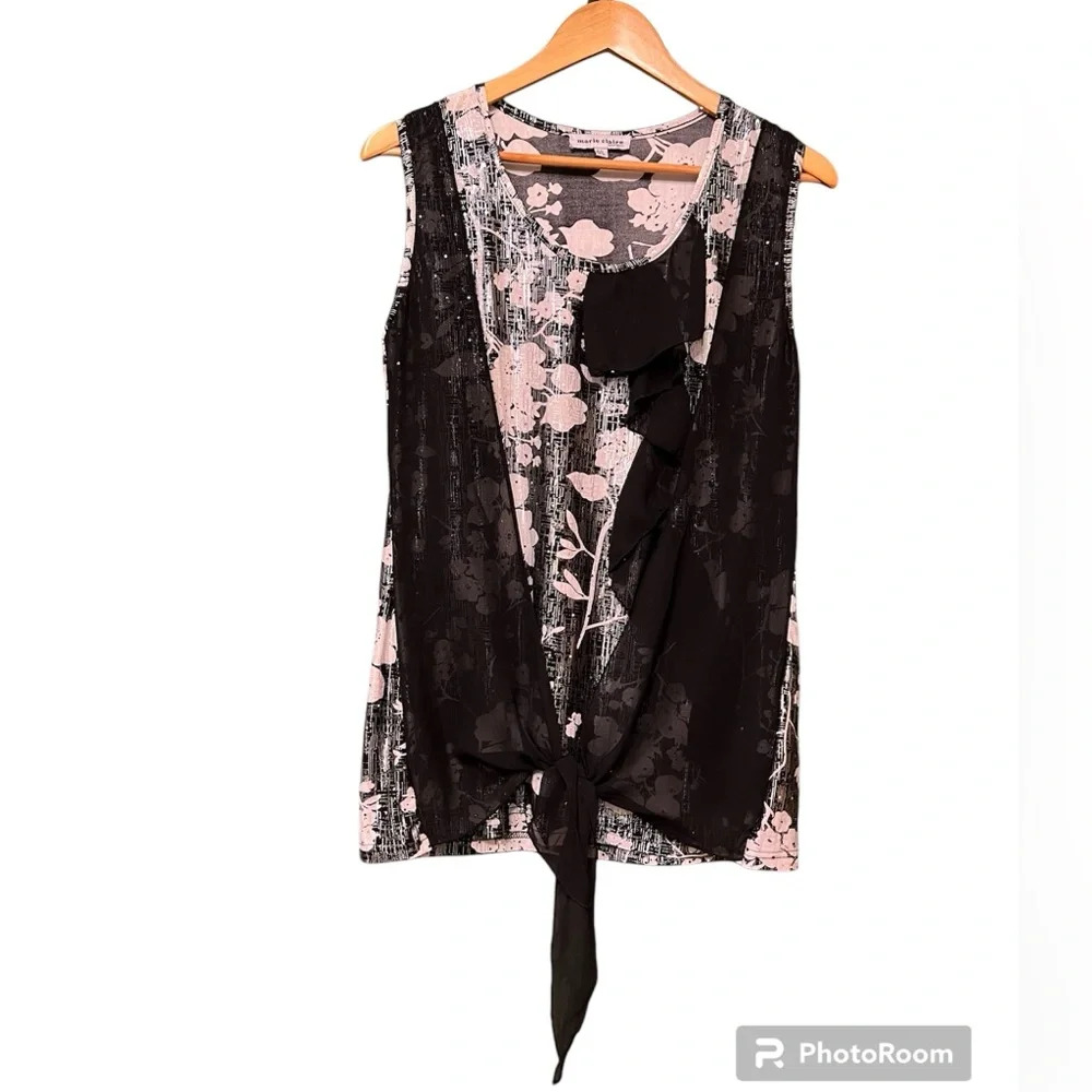 Marie Claire Black Shimmer Abstract Tie Front Sleeveless Top size Large
